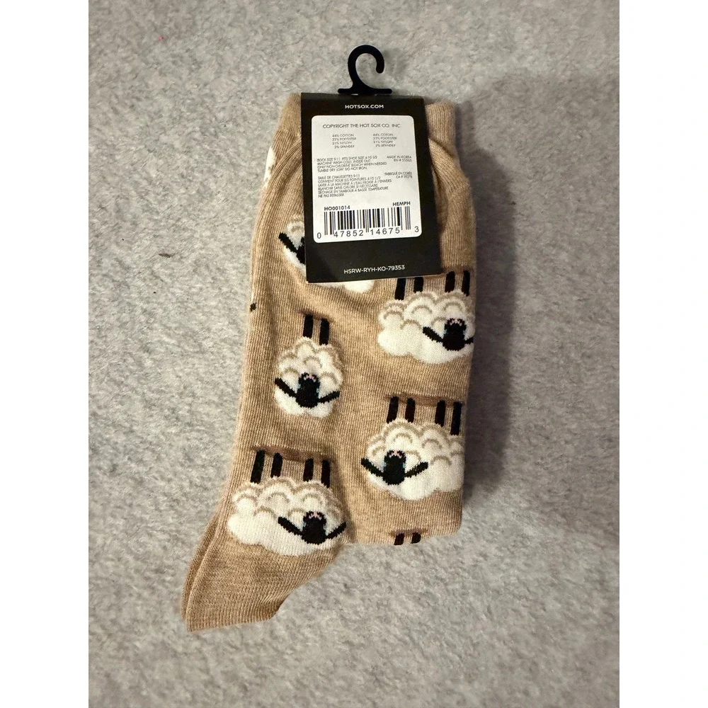 Hot Sox Sheep Pattern Crew Socks Women NWT Tan Novelty Animal Print Cotton Blend